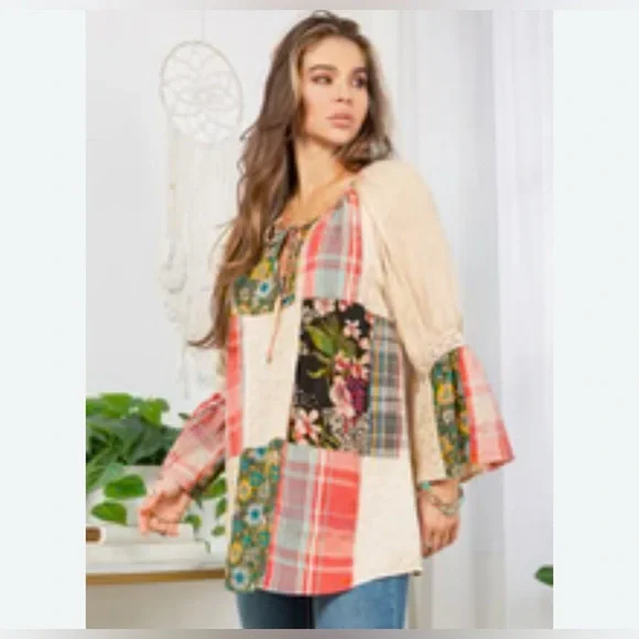 Young Threads Mixed Print Patchwork Boho Floral Tunic Top Latte Size Large NWT - Picture 2 of 9